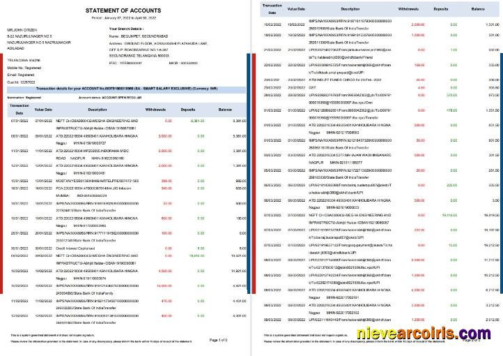 India HDFC bank statement 5 pages